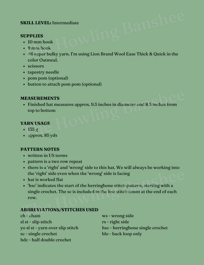 Chunky Herringbone Beanie Pattern